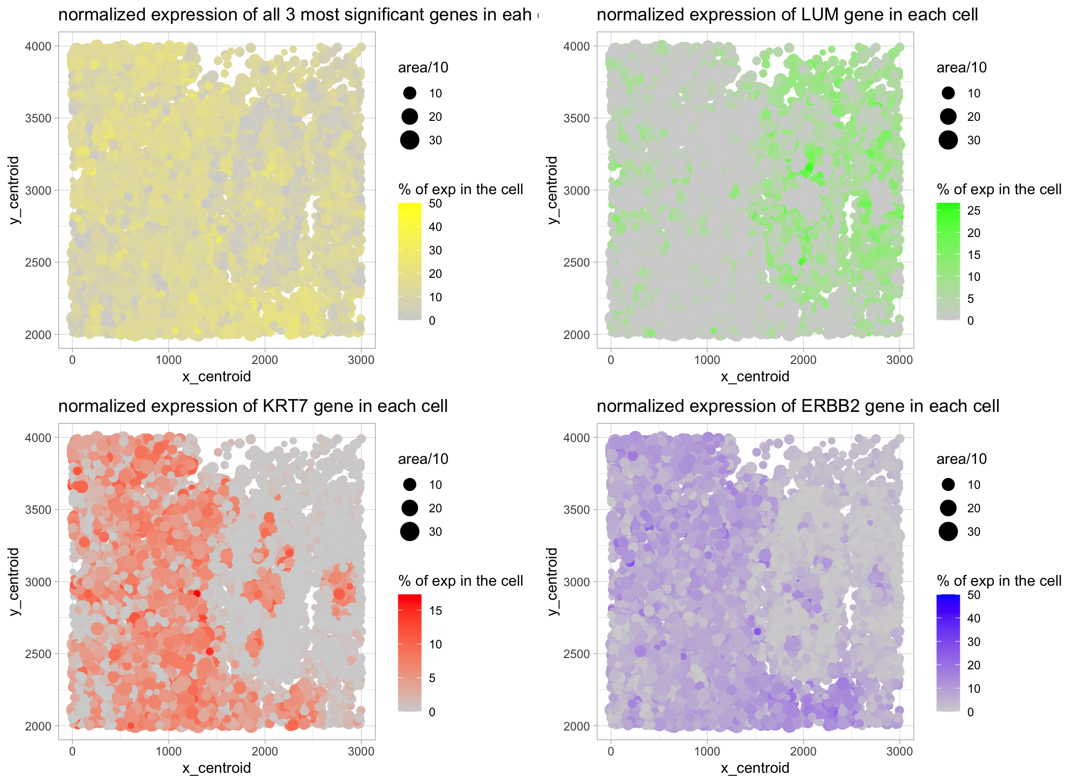 Spatial Expression of the 3 Most Significantly Expressed Genes in All Cells