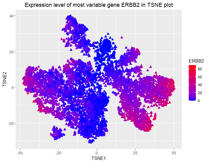 Expression level of the most variable gene ERBB2 in TSNE plot
